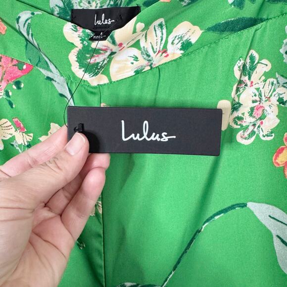 Lulu’s Thriving Vibes Bright Green Floral Print Satin Wide Leg Pants NEW Size L - Picture 12 of 16